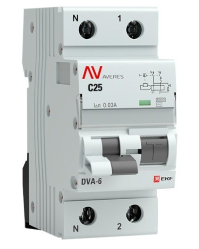 DVA-6 1P+N 25А (C) 30мА (AC) 6кА  AVERES (rcbo6-1pn-25C-30-ac-av). Автоматический выключатель дифференциального тока. EKF в Армавире